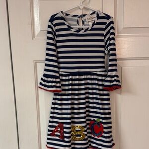 Rare Editions Navy and White Striped Dress with ABC Appliqué